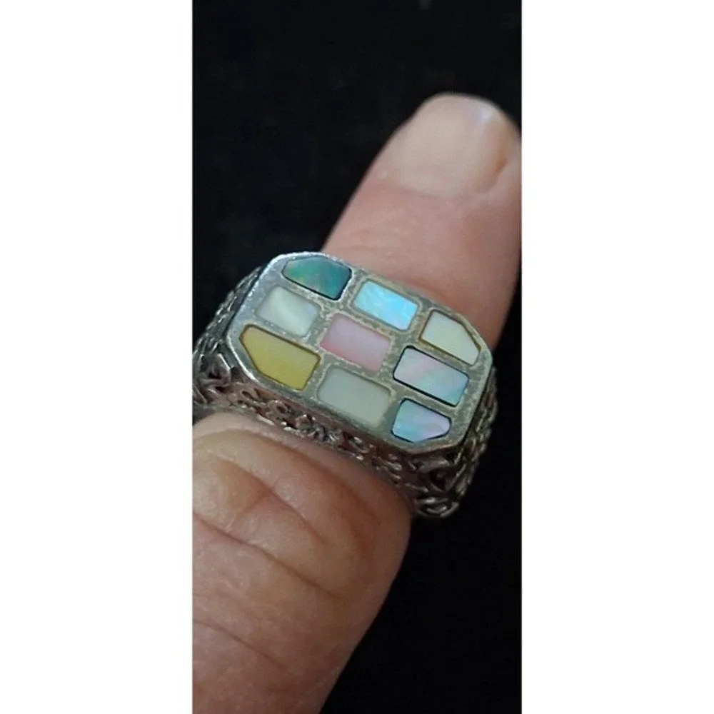 Sterling silver mosaic Abalone inlay Statement ring Size 7/ 1960s